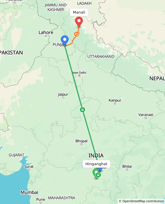 Route map showing distance and travel time from Hinganghat, India to Manali, India