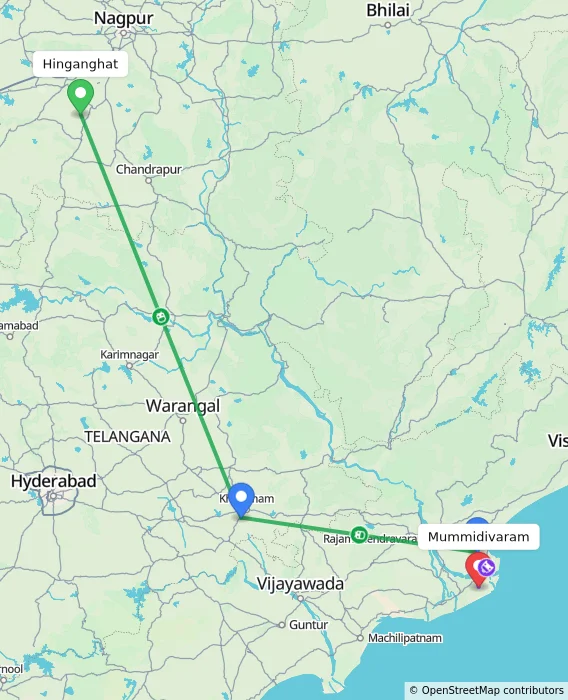 Route map showing distance and travel time from Hinganghat, India to Mummidivaram, India