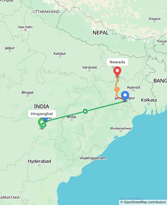 Route map showing distance and travel time from Hinganghat, India to Nawada, India