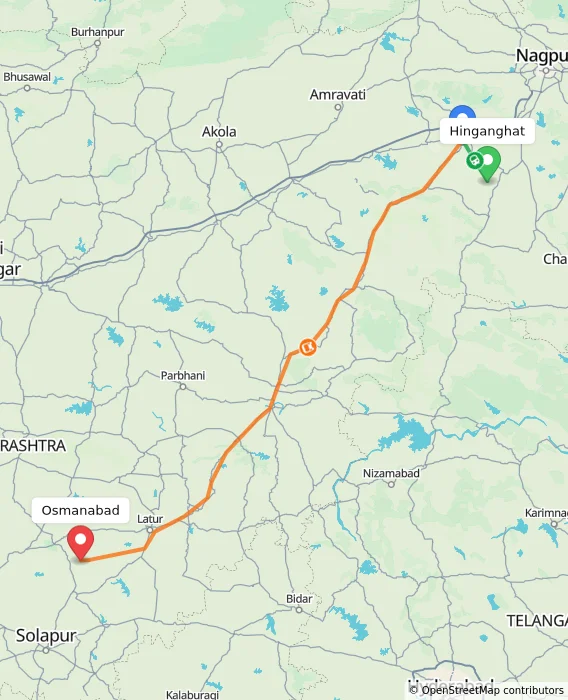 Route map showing distance and travel time from Hinganghat, India to Osmanabad, India