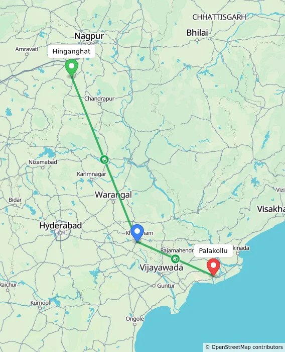 Route map showing distance and travel time from Hinganghat, India to Palakollu, India