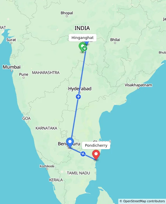 Route map showing distance and travel time from Hinganghat, India to Pondicherry, India
