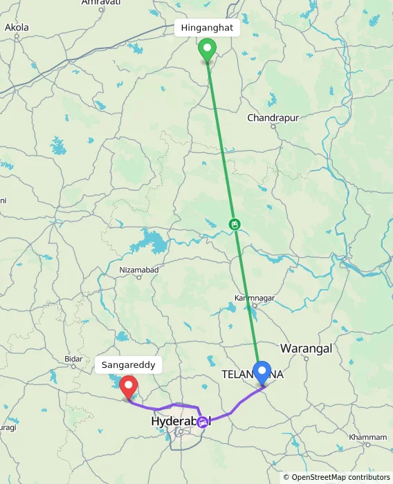 Route map showing distance and travel time from Hinganghat, India to Sangareddy, India