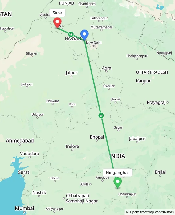 Route map showing distance and travel time from Hinganghat, India to Sirsa, India