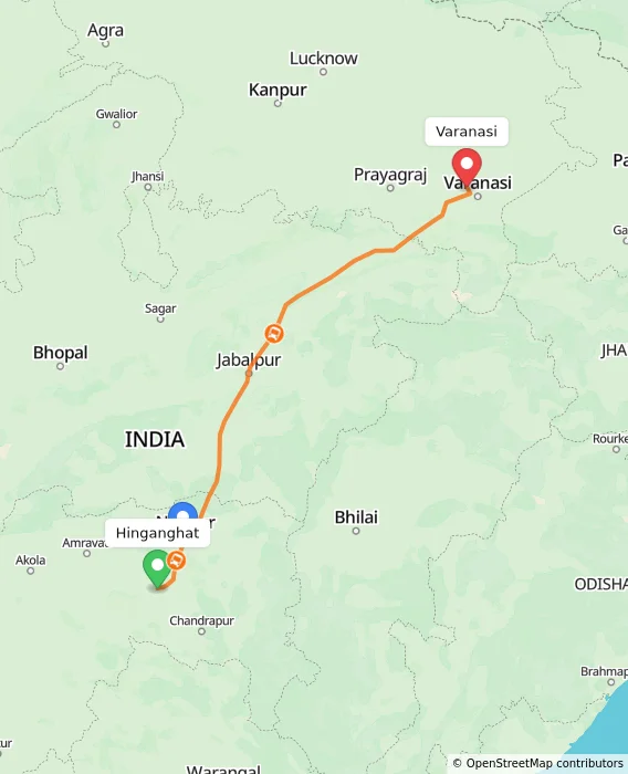 Route map showing distance and travel time from Hinganghat, India to Varanasi, India