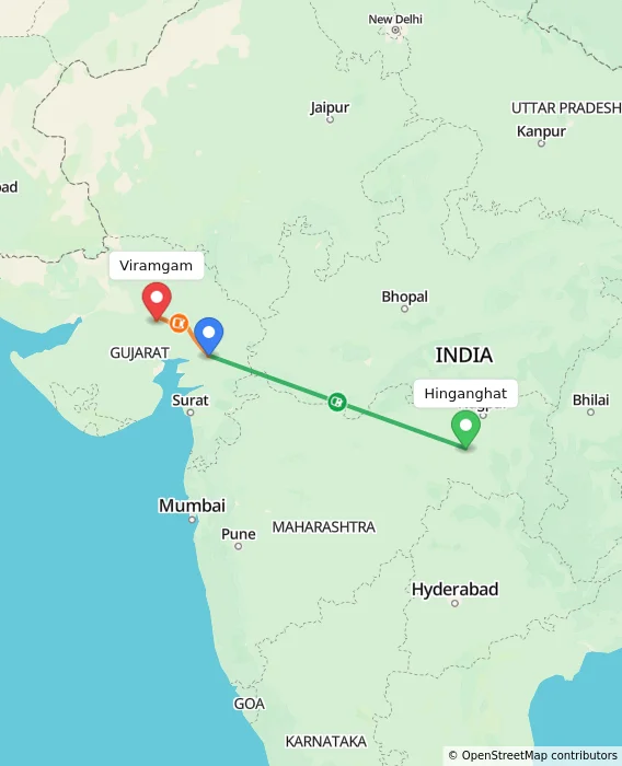 Route map showing distance and travel time from Hinganghat, India to Viramgam, India