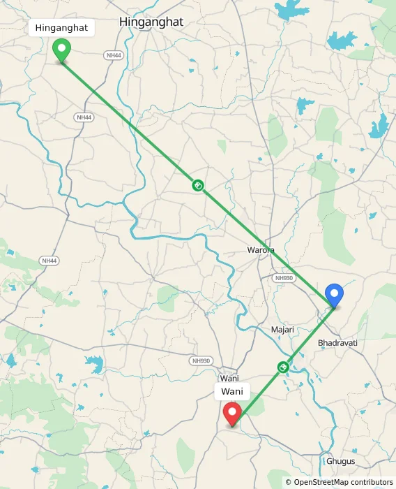 Route map showing distance and travel time from Hinganghat, India to Wani, India