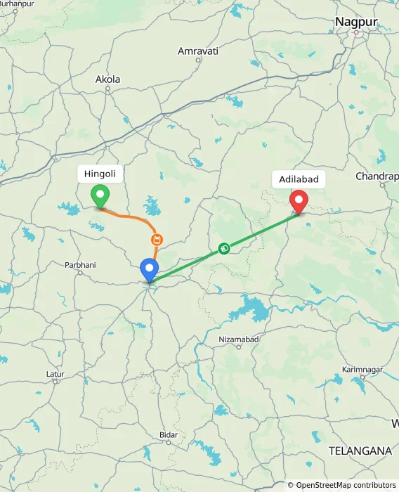 Route map showing distance and travel time from Hingoli, India to Adilabad, India