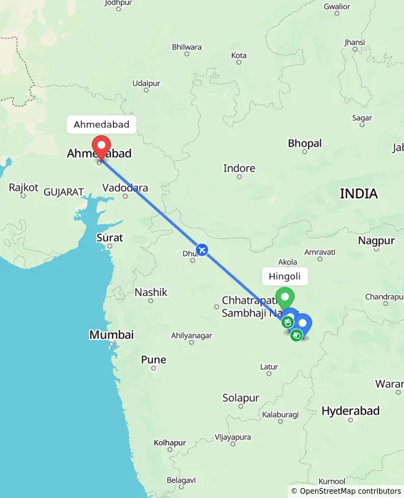 Route map showing distance and travel time from Hingoli, India to Ahmedabad, India