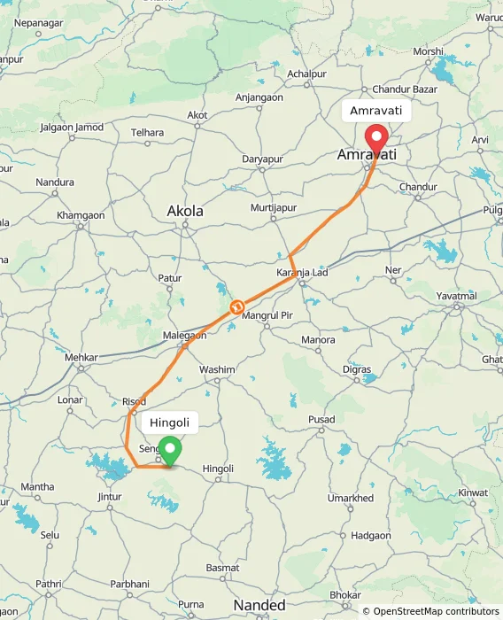 Route map showing distance and travel time from Hingoli, India to Amravati, India