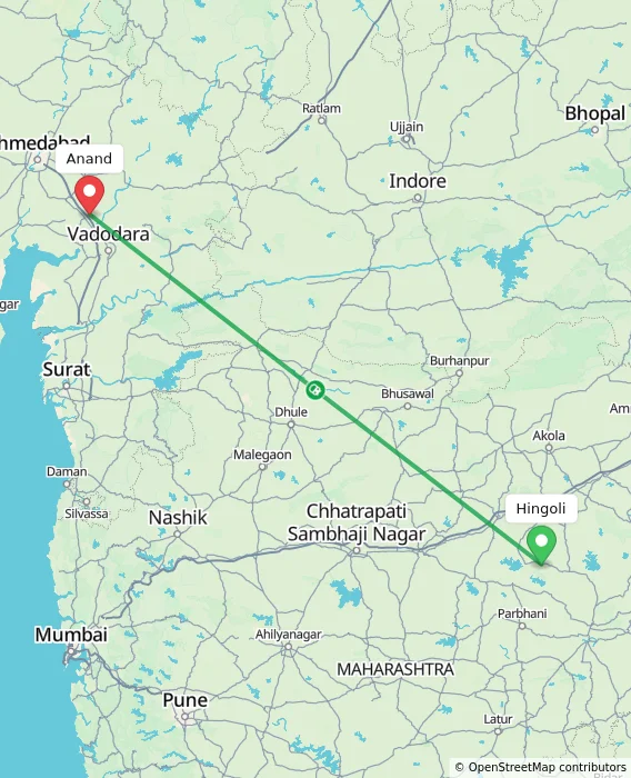 Route map showing distance and travel time from Hingoli, India to Anand, India