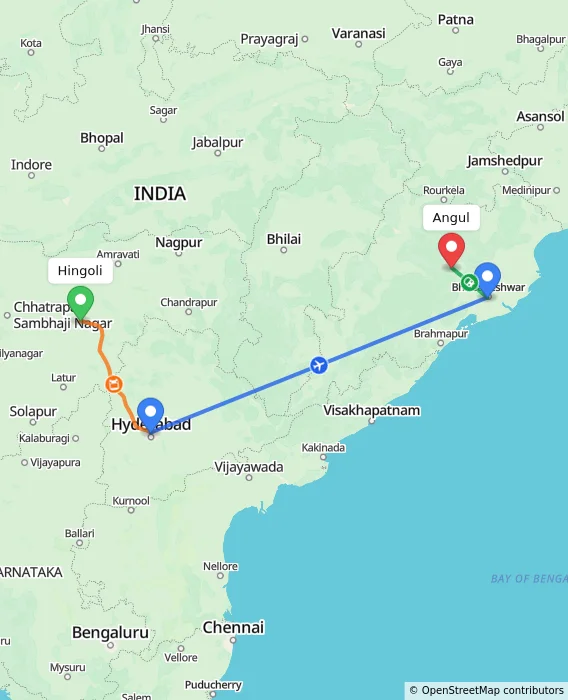Route map showing distance and travel time from Hingoli, India to Angul, India