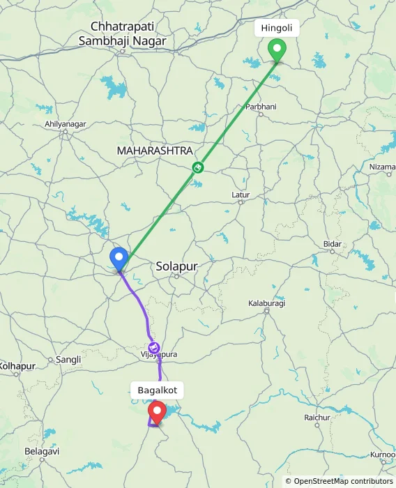 Route map showing distance and travel time from Hingoli, India to Bagalkot, India