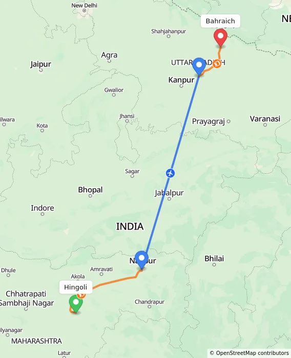 Route map showing distance and travel time from Hingoli, India to Bahraich, India
