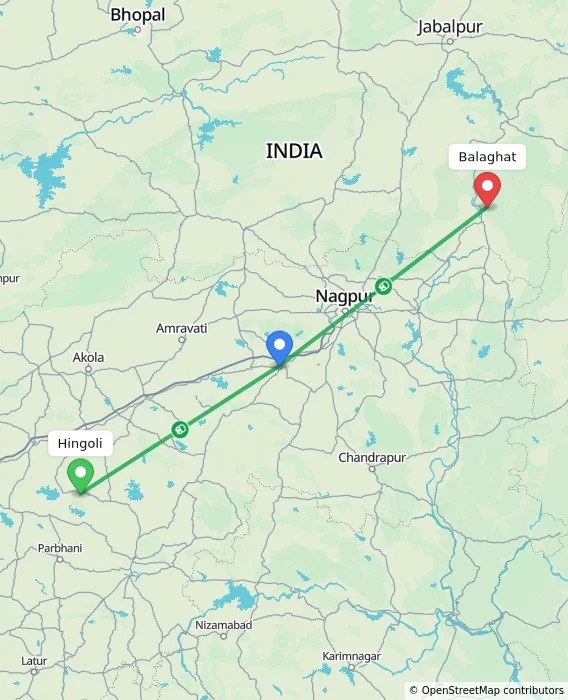 Route map showing distance and travel time from Hingoli, India to Balaghat, India