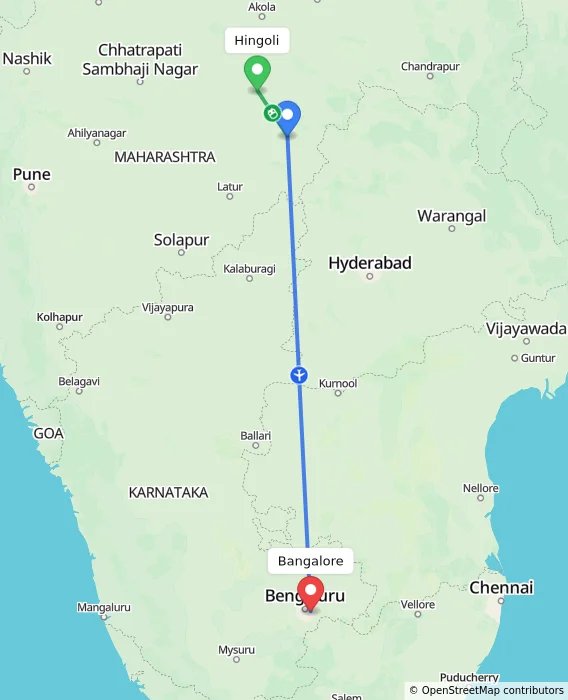Route map showing distance and travel time from Hingoli, India to Bangalore, India