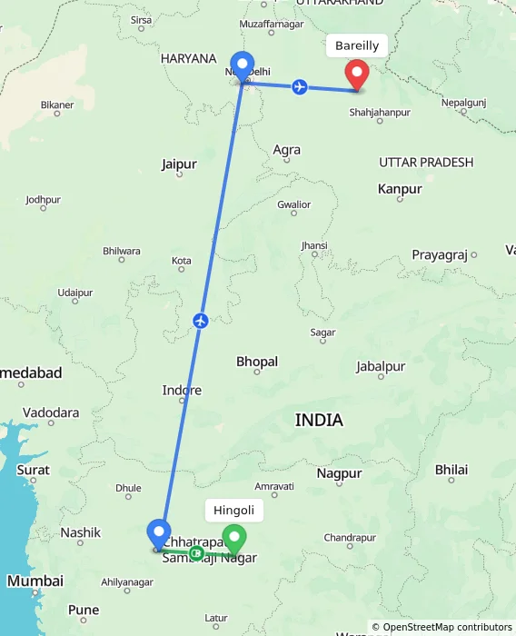 Route map showing distance and travel time from Hingoli, India to Bareilly, India
