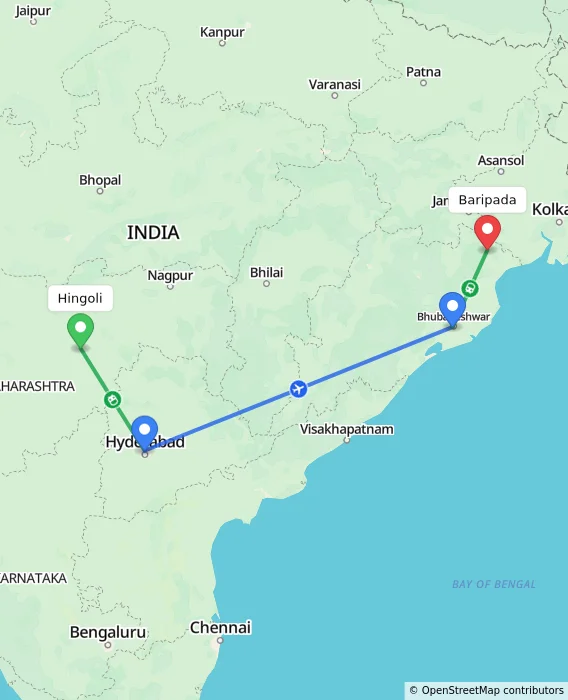 Route map showing distance and travel time from Hingoli, India to Baripada, India