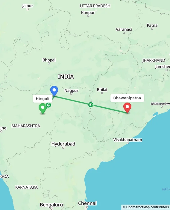 Route map showing distance and travel time from Hingoli, India to Bhawanipatna, India