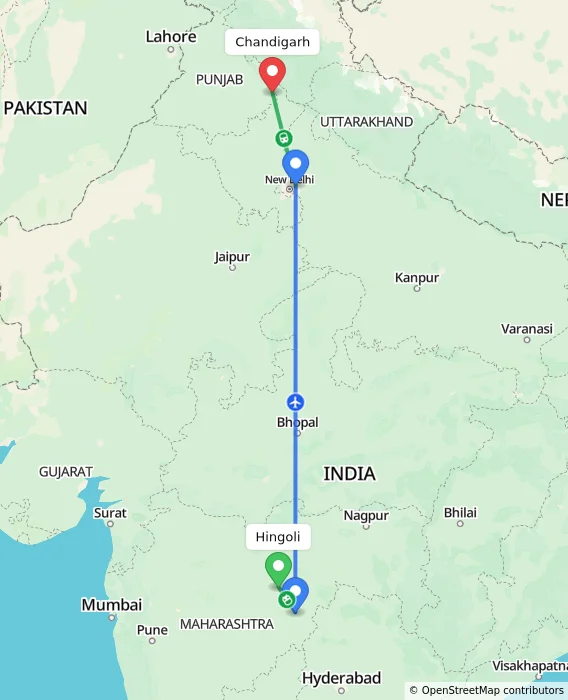 Route map showing distance and travel time from Hingoli, India to Chandigarh, India