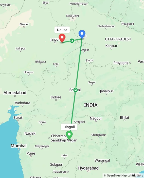 Route map showing distance and travel time from Hingoli, India to Dausa, India