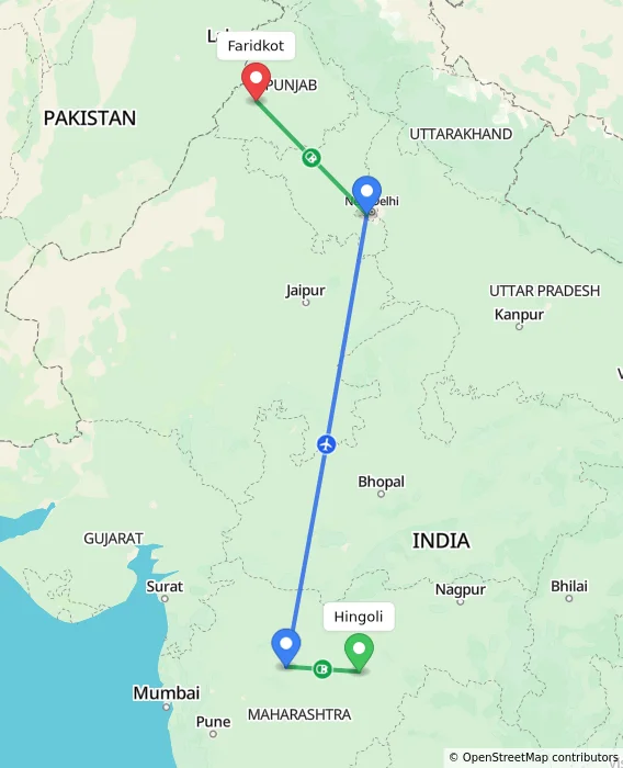 Route map showing distance and travel time from Hingoli, India to Faridkot, India