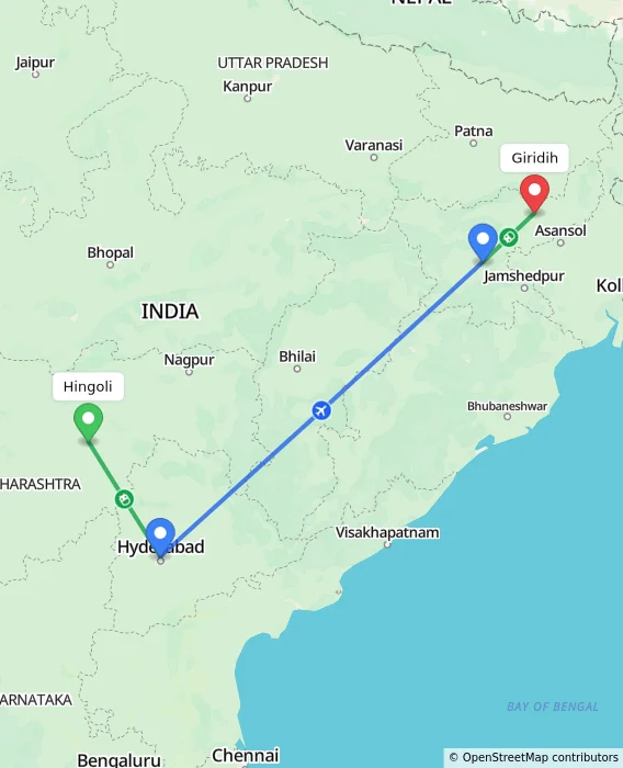 Route map showing distance and travel time from Hingoli, India to Giridih, India