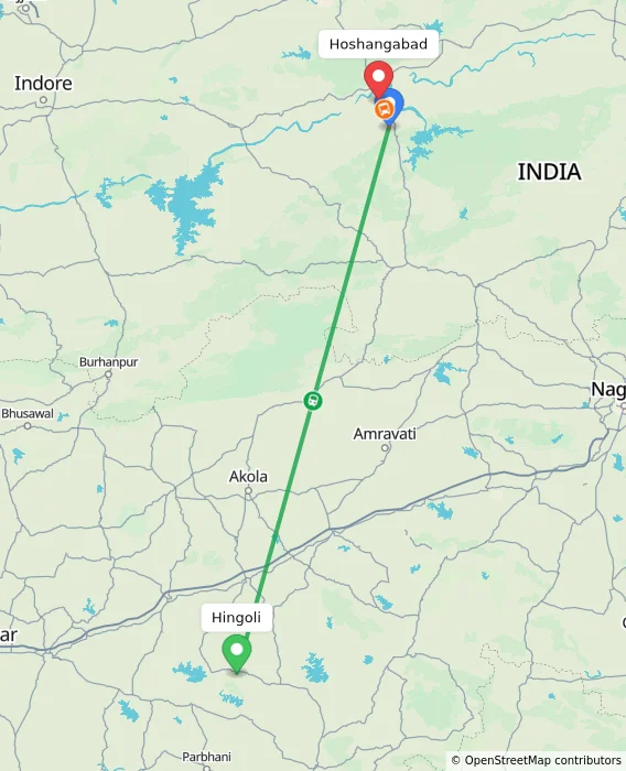 Route map showing distance and travel time from Hingoli, India to Hoshangabad, India