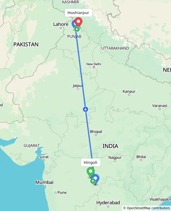 Route map showing distance and travel time from Hingoli, India to Hoshiarpur, India
