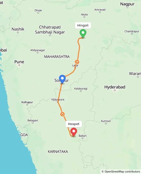 Route map showing distance and travel time from Hingoli, India to Hospet, India