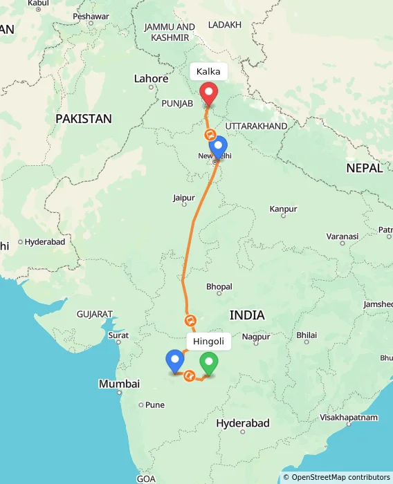 Route map showing distance and travel time from Hingoli, India to Kalka, India