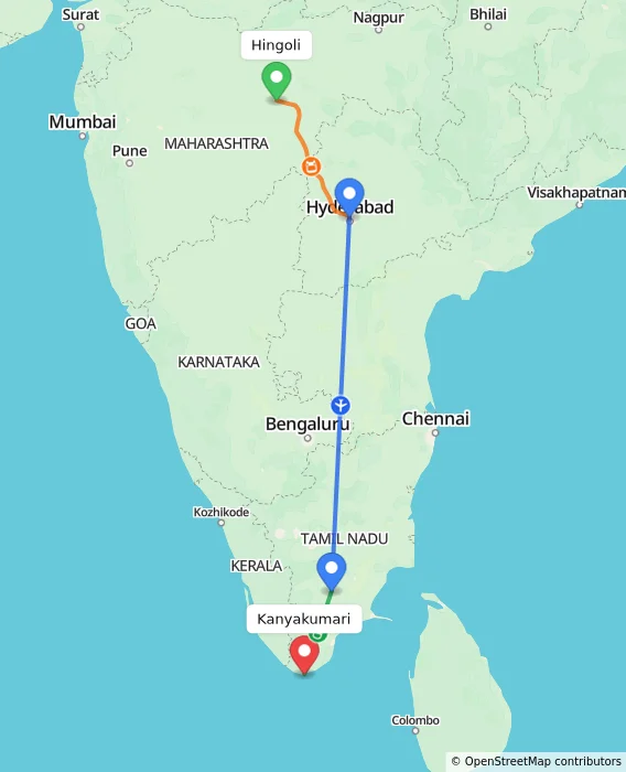 Route map showing distance and travel time from Hingoli, India to Kanyakumari, India