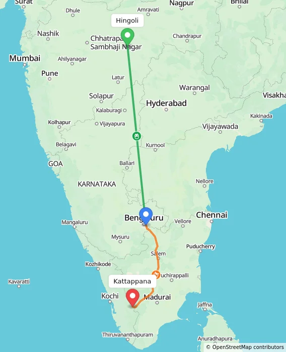 Route map showing distance and travel time from Hingoli, India to Kattappana, India