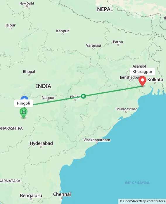 Route map showing distance and travel time from Hingoli, India to Kharagpur, India