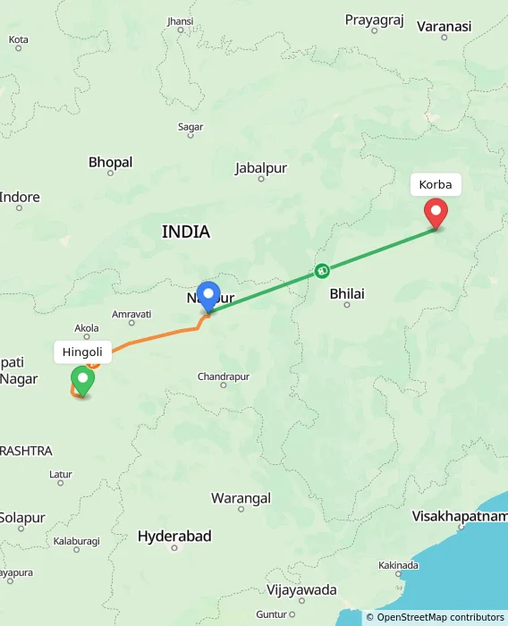 Route map showing distance and travel time from Hingoli, India to Korba, India