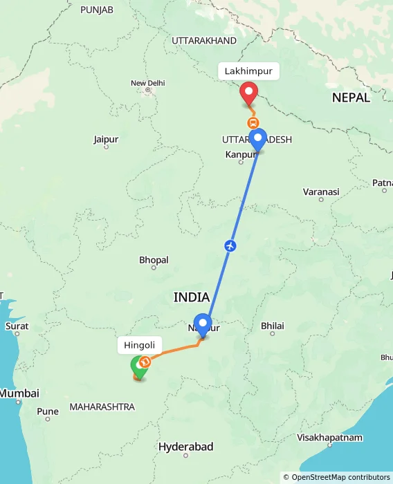 Route map showing distance and travel time from Hingoli, India to Lakhimpur, India