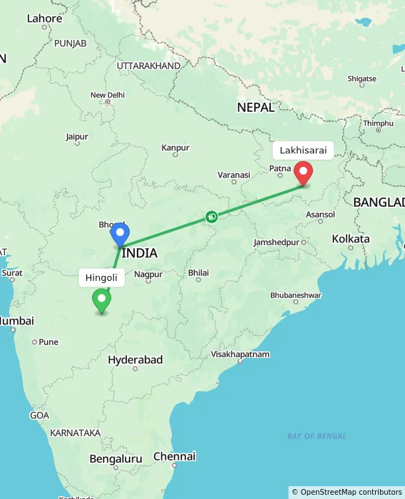 Route map showing distance and travel time from Hingoli, India to Lakhisarai, India