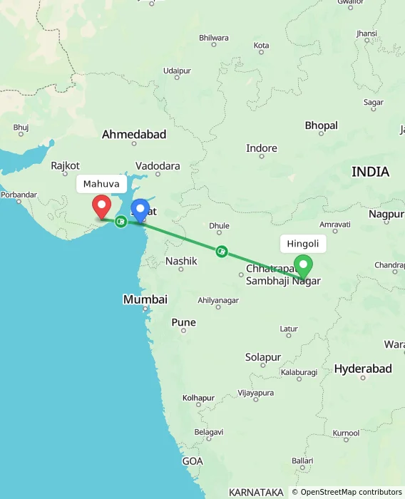 Route map showing distance and travel time from Hingoli, India to Mahuva, India