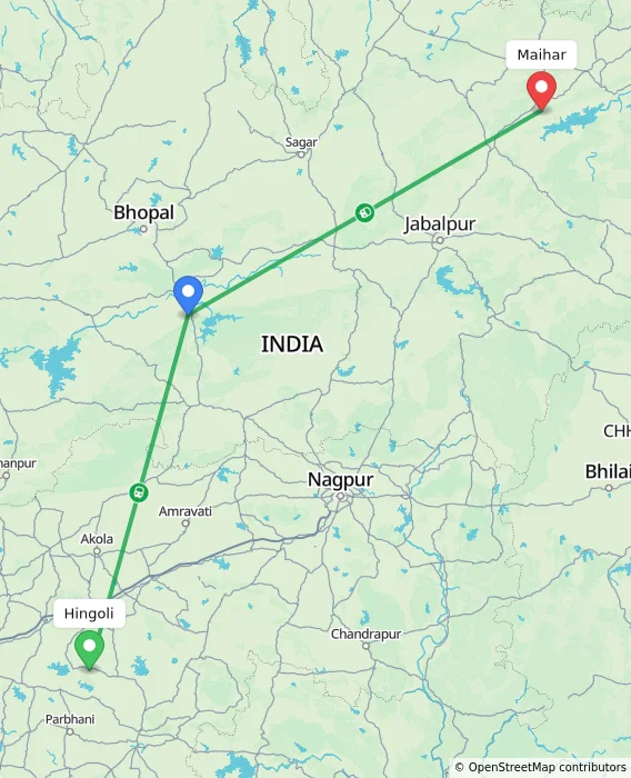 Route map showing distance and travel time from Hingoli, India to Maihar, India