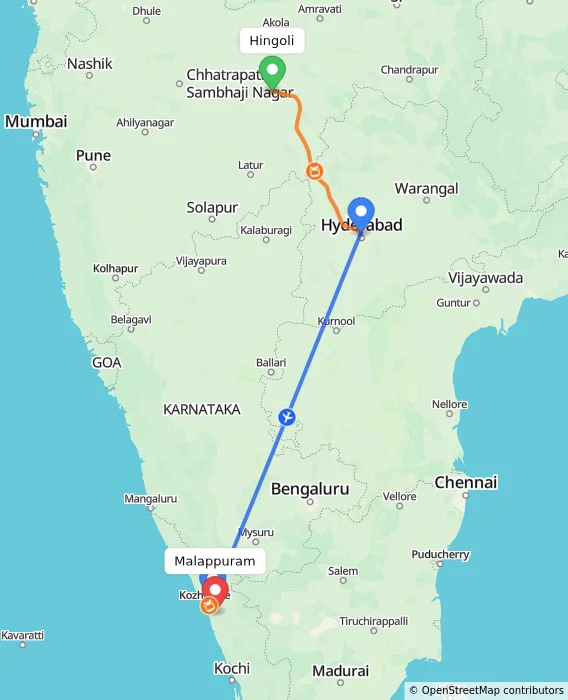 Route map showing distance and travel time from Hingoli, India to Malappuram, India