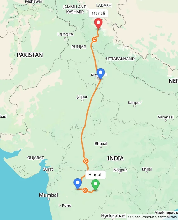 Route map showing distance and travel time from Hingoli, India to Manali, India