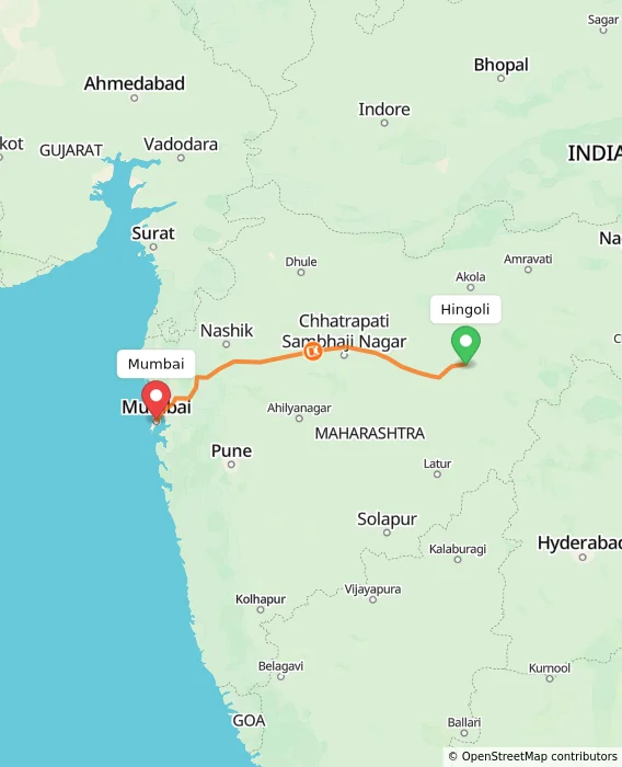Route map showing distance and travel time from Hingoli, India to Mumbai, India