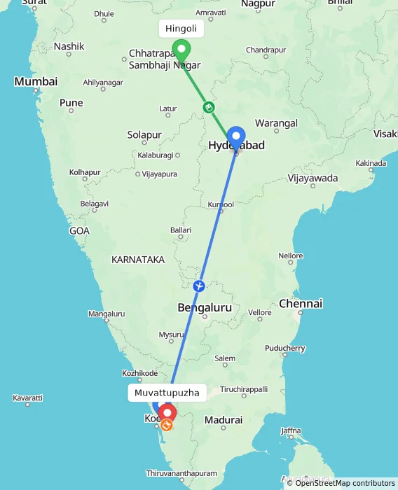 Route map showing distance and travel time from Hingoli, India to Muvattupuzha, India