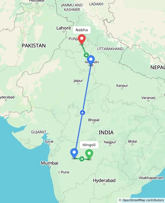 Route map showing distance and travel time from Hingoli, India to Nabha, India