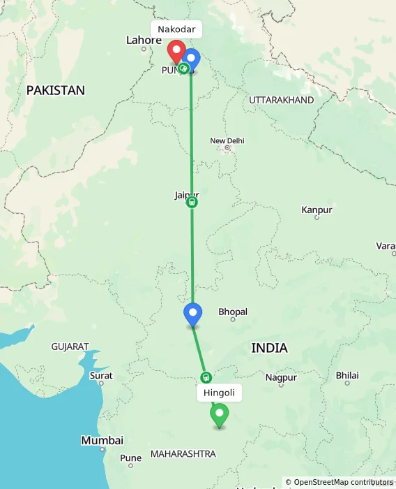 Route map showing distance and travel time from Hingoli, India to Nakodar, India