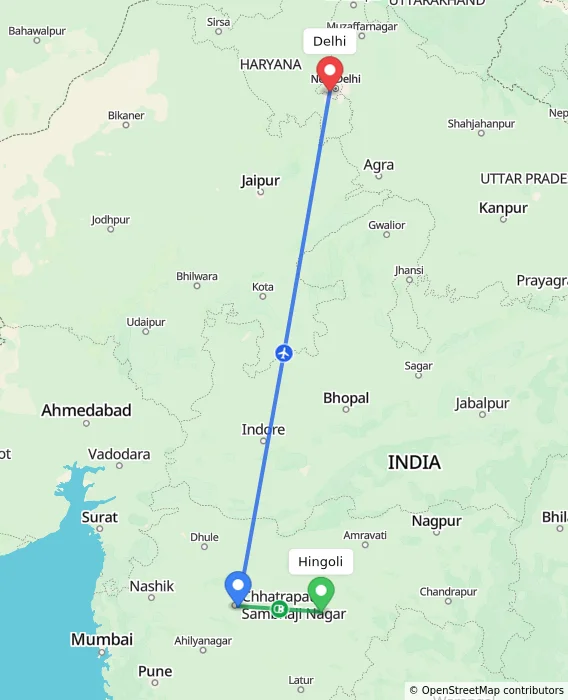 Route map showing distance and travel time from Hingoli, India to Delhi, India