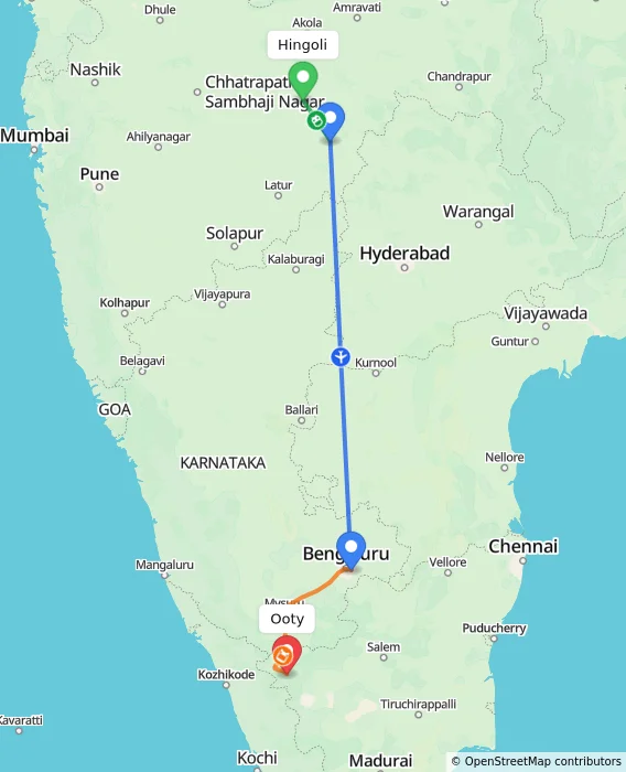 Route map showing distance and travel time from Hingoli, India to Ooty, India