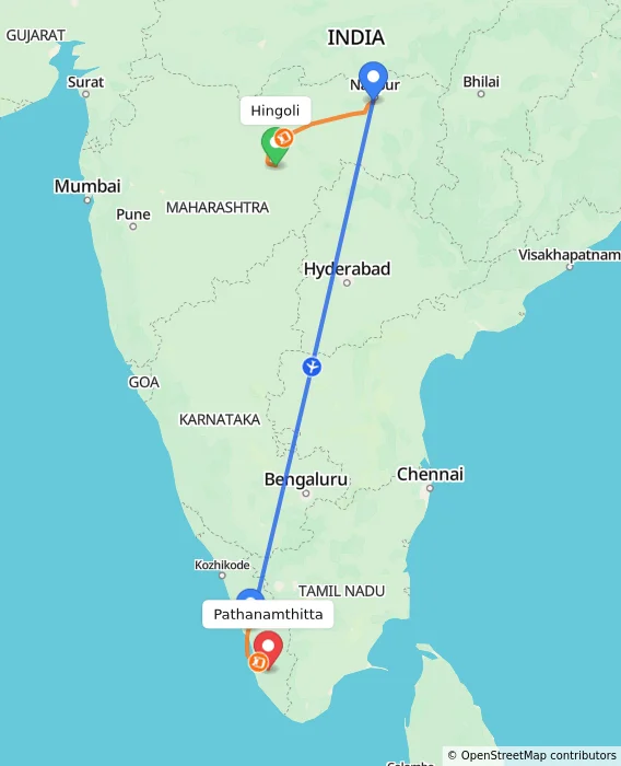Route map showing distance and travel time from Hingoli, India to Pathanamthitta, India