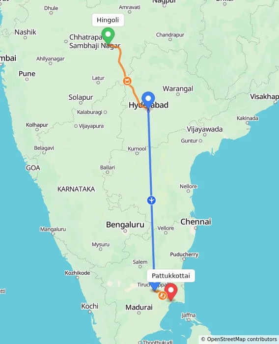 Route map showing distance and travel time from Hingoli, India to Pattukkottai, India