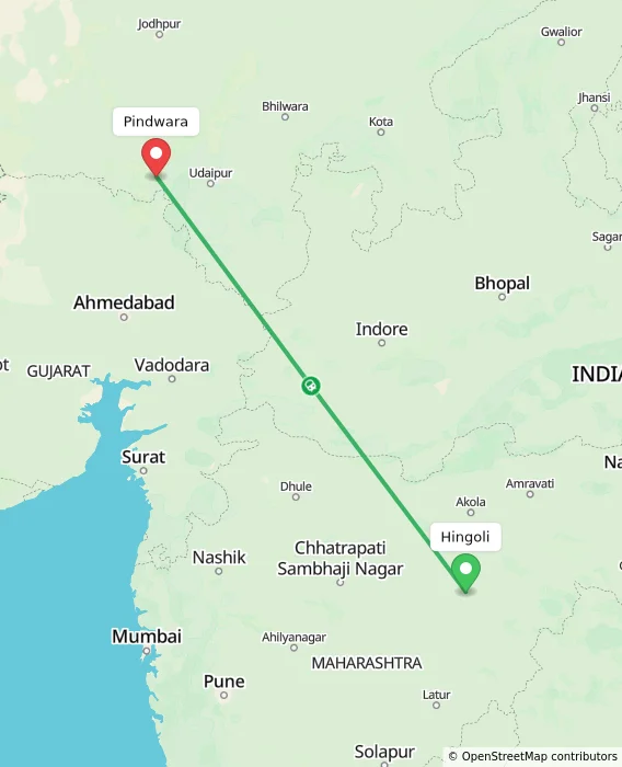 Route map showing distance and travel time from Hingoli, India to Pindwara, India